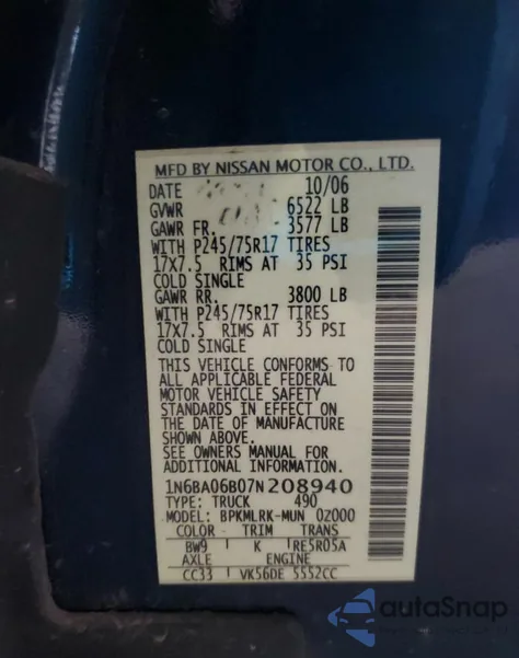 2007 Nissan Titan Xe из США, поврежденный, VIN 1N6BA06B07N208940